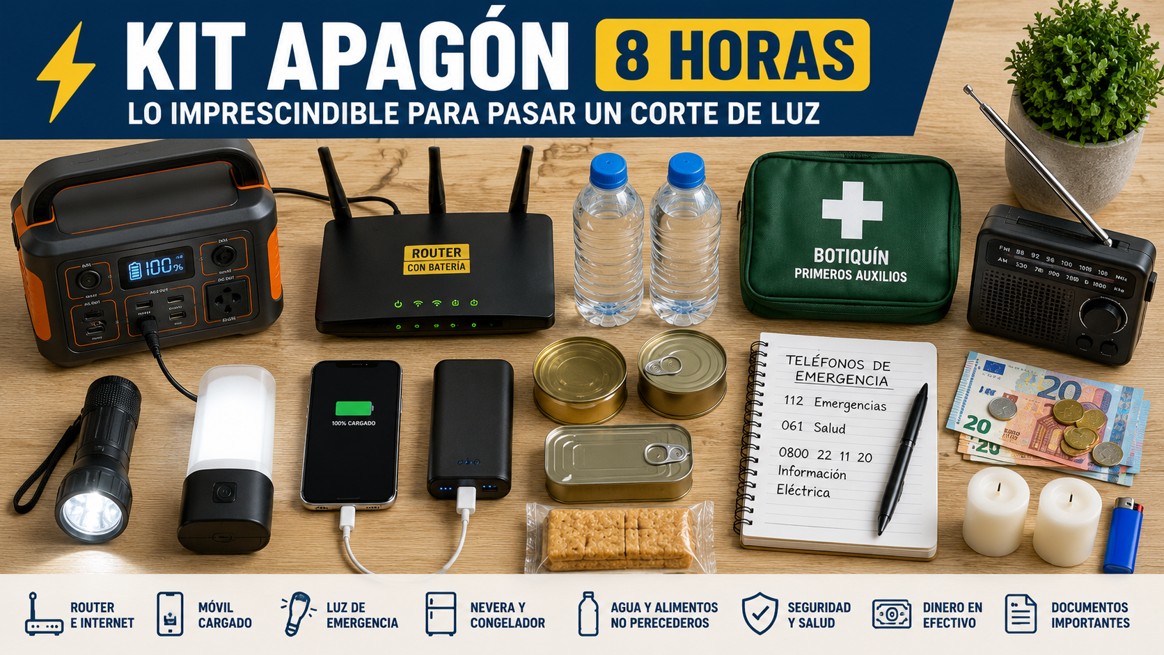Kit apagón básico para 8 horas con linterna, powerbank, móvil, router, agua, alimentos y botiquín sobre una mesa.